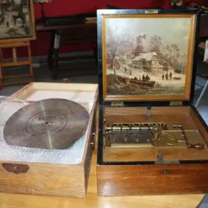 Boîte à musique ancienne Kalliope / boîte à musique en bois avec 10 cloches et plaques de métal, fonctionne parfaitement