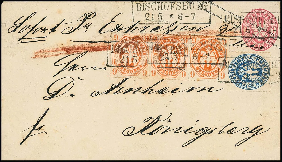 6 Pfge. rotorange im Pracht-Dreierstreifen, nebst 2 Sgr. blau (kl. Eckbug), auf Ganzsache 1 Sgr. rosa, mit Ra2 "Bischofsburg" als Doppel-Expreßbrief nach…