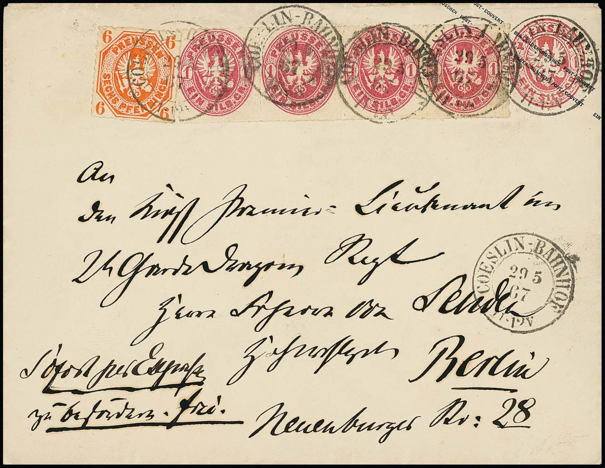 6 Pfg. rouge-orange et bande de quatre 1 Sgr. rose sur entier postal 1 Sgr. rose, avec K2 "Coeslin Bahnhof" 1867 comme lettre exprès à un lieutenant à Berlin, cabinet
