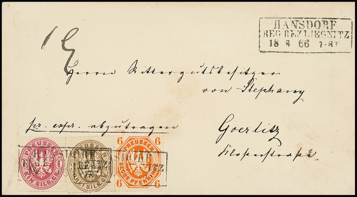 6 Pfge. rouge-orange, 1 Sgr. rose et 3 Sgr. brun ocre sur double lettre exprès de cabinet avec Ra3 "Hansdorf Reg. bez. Liegnitz" 1866 pour Goerlitz, signé Krause