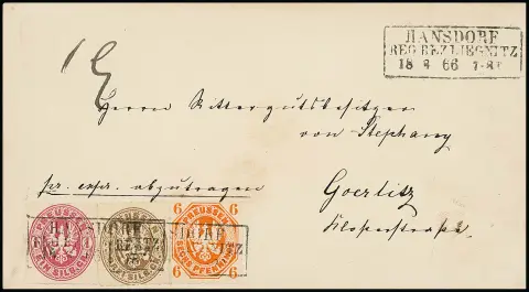 6 Pfge. rouge-orange, 1 Sgr. rose et 3 Sgr. brun ocre sur double lettre exprès de cabinet avec Ra3 "Hansdorf Reg. bez. Liegnitz" 1866 pour Goerlitz, signé Krause
