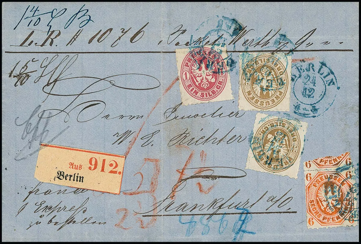 6 Pfge. rotorange, 1 Sgr. karmin und zweimal 3 Sgr. ockerbraun auf Wertpaket-Expreßbrief mit blauem K2 "Berlin" nach Frankfurt/Oder. Der einzige preußische…