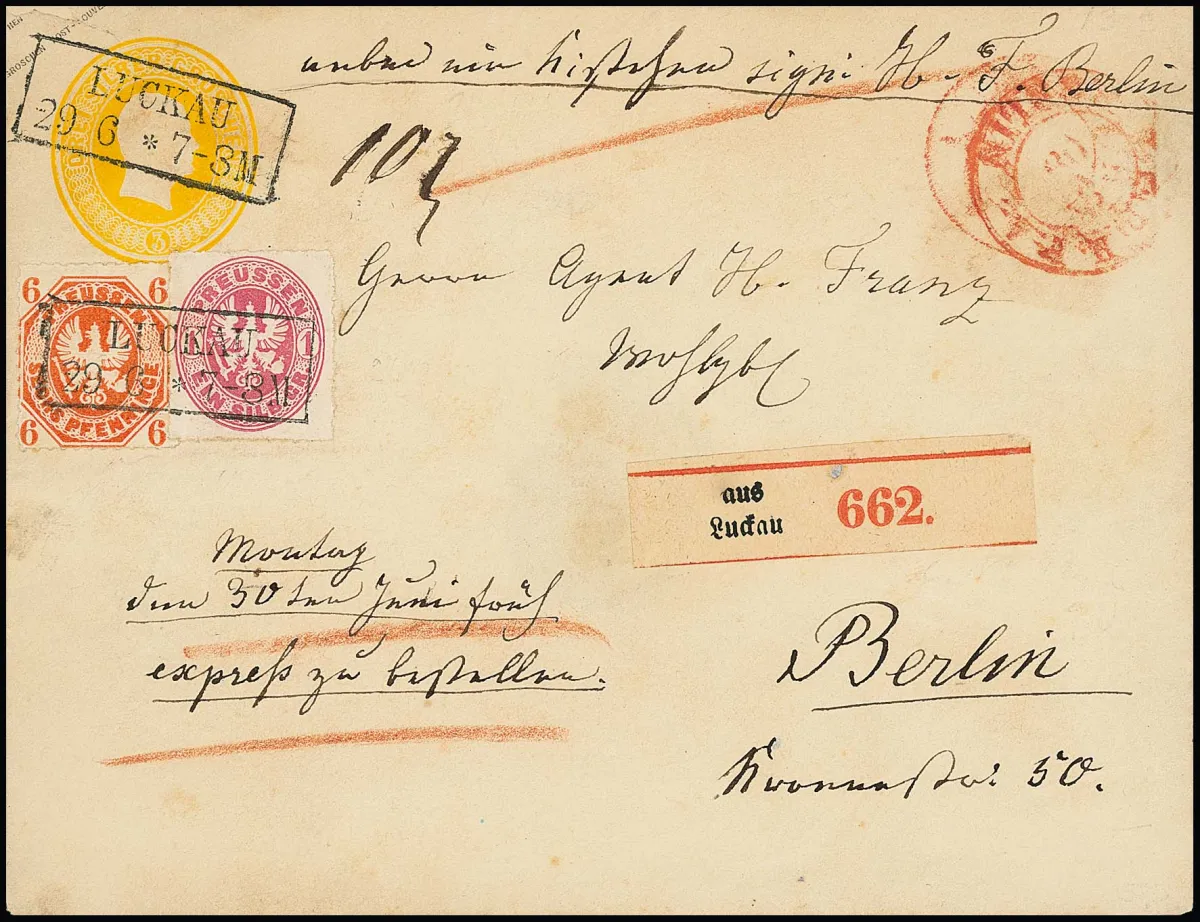 6 Pfg. red-orange and 1 Sgr. pink on 3 Sgr. yellow headed postal stationery (seal removed on reverse), with Ra2 "Luckau" as express parcel accompanying letter to Berlin