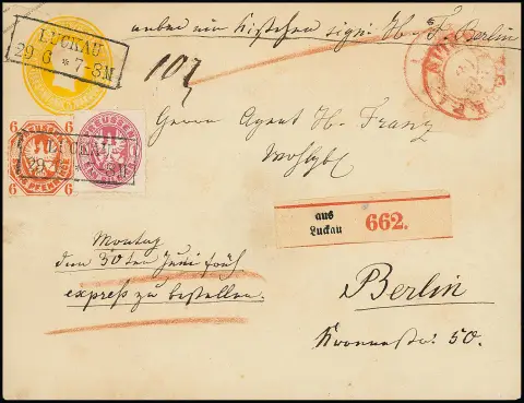 6 Pfg. rouge-orange et 1 Sgr. rose sur entier postal à en-tête 3 Sgr. jaune (sceau au dos enlevé), avec Ra2 "Luckau" comme lettre d'accompagnement de colis exprès pour Berlin