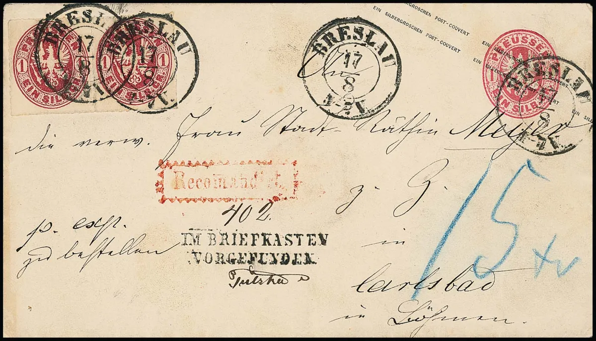 1 Sgr. carmine, superb pair on postal stationery 1 Sgr. pink, as registered express letter with K2 "Breslau" to Carlsbad in Bohemia. L2 "Im Briefkasten vorgefunden", in Austria only the missing 3 Sgr. express fee (converted to "15 Xr.") was collected, but not the missing registered fee