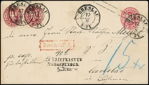 1 Sgr. karmin, Prachtpaar auf Ganzsache 1 Sgr. rosa, als Reco-Expreßbrief mit K2 "Breslau" nach Carlsbad in Böhmen. L2 "Im Briefkasten vorgefunden", in…