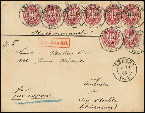 1 Sgr. rosa per sieben, teils in Einheiten, auf Ganzsache 1 Sgr. rosa im Großformat, mit K2 "Erfurt" 1865 als Landexpreß-Reco-Brief nach Cantnitz bei…