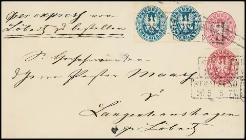 1 Sgr. karmin und Paar 2 Sgr. preußischblau, je tadellos, auf Ganzsache 1 Sgr. rosa (rs. Öffnungsmängel, kleine Schürfung innen) mit Ra2 "Stralsund" als…
