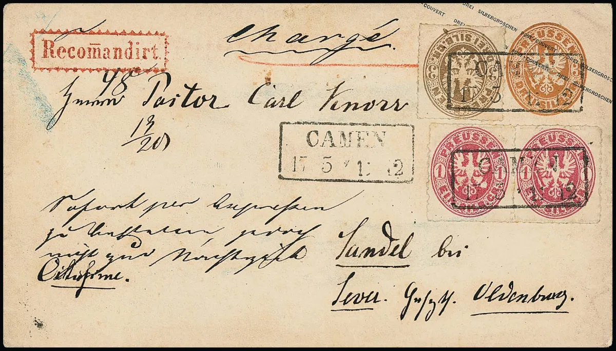 1 Sgr. pink in pair, as well as 3 Sgr. earth brown, magnificent pieces on postal stationery 3 Sgr. ochre brown (this one slight signs of use), with Ra2 "Camen" as…