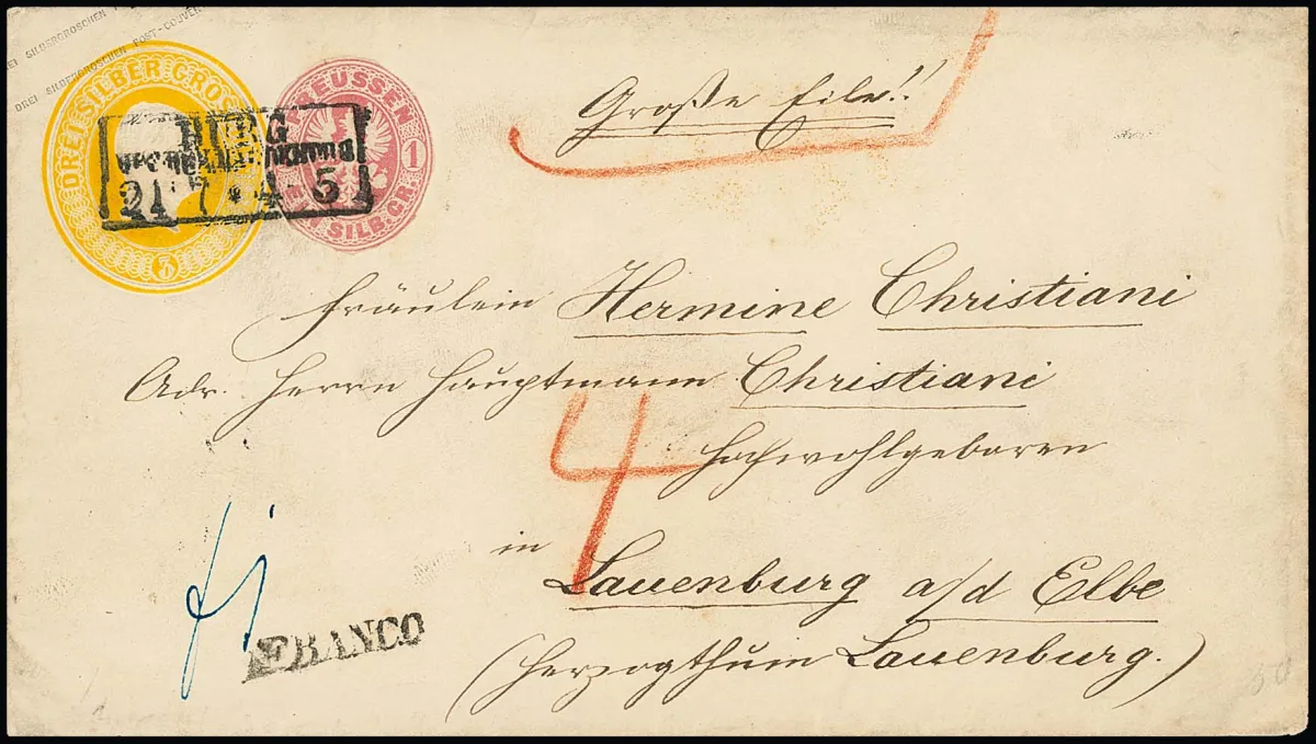 1 Sgr. karmin (runder Schnitt) als Zusatzfrankatur auf Ganzsachen-Umschlag 3 Sgr. gelb mit Ra3 "Burg Reg. Bez. Magdeburg" 1862 nach Lauenburg/Elbe, rs. blauer…