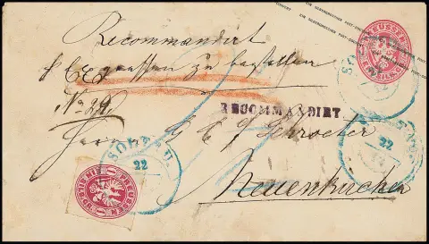 1 Sgr. rosa (etwas getönt) auf Ganzsache 1 Sgr. rosa, mit nachverw. blauem Hannover-K2 "Soltau" als Reco-Expreßbrief nach Neuenkirchen, altes Hannover-Porto 1…