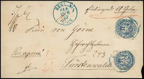 2 Sgr. blau, zwei Prachtstücke auf Expreß-Wertbrief mit blauem K1 "Berlin P.E.6" 1867 nach Fürstenwalde, Porto 1 Sgr. + 1/2 Sgr. Wertversicherungsgebühr und 2…
