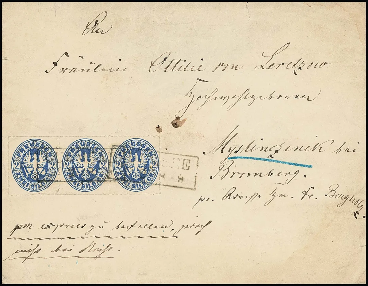 2 Sgr. blau, Pracht-Dreierstreifen mit Ra2 "Culmsee" auf Landexpreß-Couvert (dieses Gebrauchsspuren, rs. fehlt die obere Viertelklappe) nach Myslinczinik bei…