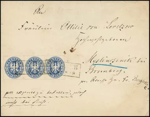 2 Sgr. blau, Pracht-Dreierstreifen mit Ra2 "Culmsee" auf Landexpreß-Couvert (dieses Gebrauchsspuren, rs. fehlt die obere Viertelklappe) nach Myslinczinik bei…