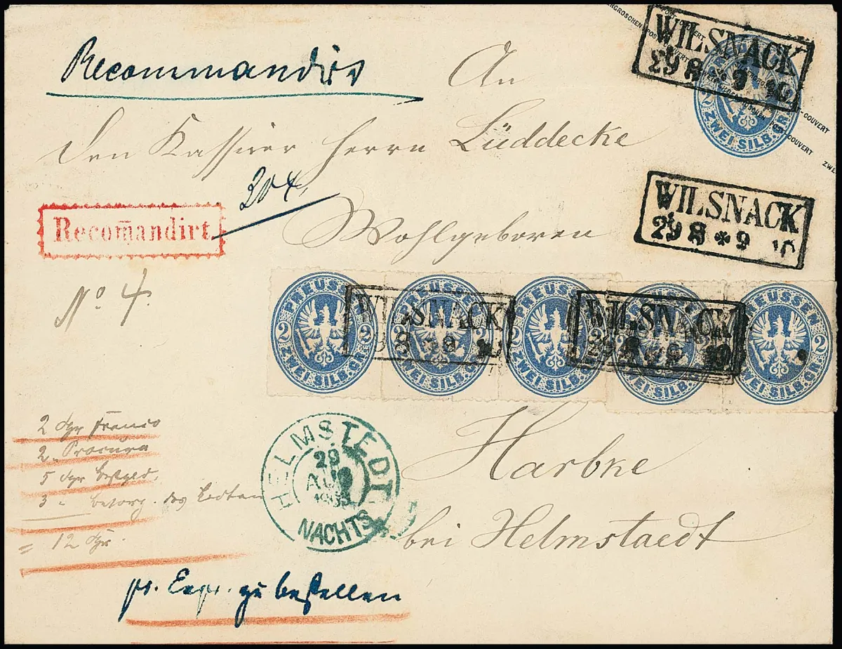 2 Sgr. blau, Paar und Dreierstreifen auf seltener Großformat-Ganzsache 2 Sgr. blau, mit Ra2 "Wilsnack" als Landexpreß-Einschreibebrief nach Harbke bei…