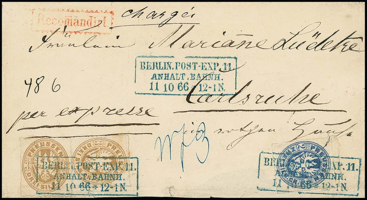 2 Sgr. blau und zweimal 3 Sgr. ockerbraun (einmal kl. Spalt) auf Reco-Expreßbrief mit blauem Ra3 "Berlin. Post-Exp. 11. Anhalt. Bahnh." nach Carlsruhe. Porto…