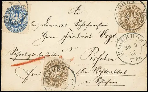 2 Sgr. blau und zweimal 3 Sgr. ockerbraun, Prachtstücke auf Landexpreßbrief mit K2 "Paderborn" 1865 nach Pirchen bei Kostenblut (Schlesien). Porto 3 Sgr. für…