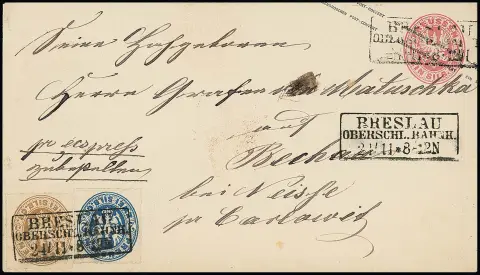 2 Sgr. blau und 3 Sgr. ockerbraun auf Ganzsache 1 Sgr. rosa, mit Ra3 "Breslau Oberschl. Bahnh." als Landexpreßbrief nach Bechau bei Neisse, 1 Sgr. Porto plus…