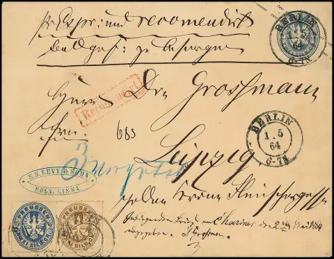 2 Sgr. blau und 3 Sgr. ockerbraun, Prachtstücke auf Ganzsache 2 Sgr. blau im Großformat, als Reco-Expreßbrief in den Postverein mit K2 "Berlin" nach Leipzig.…