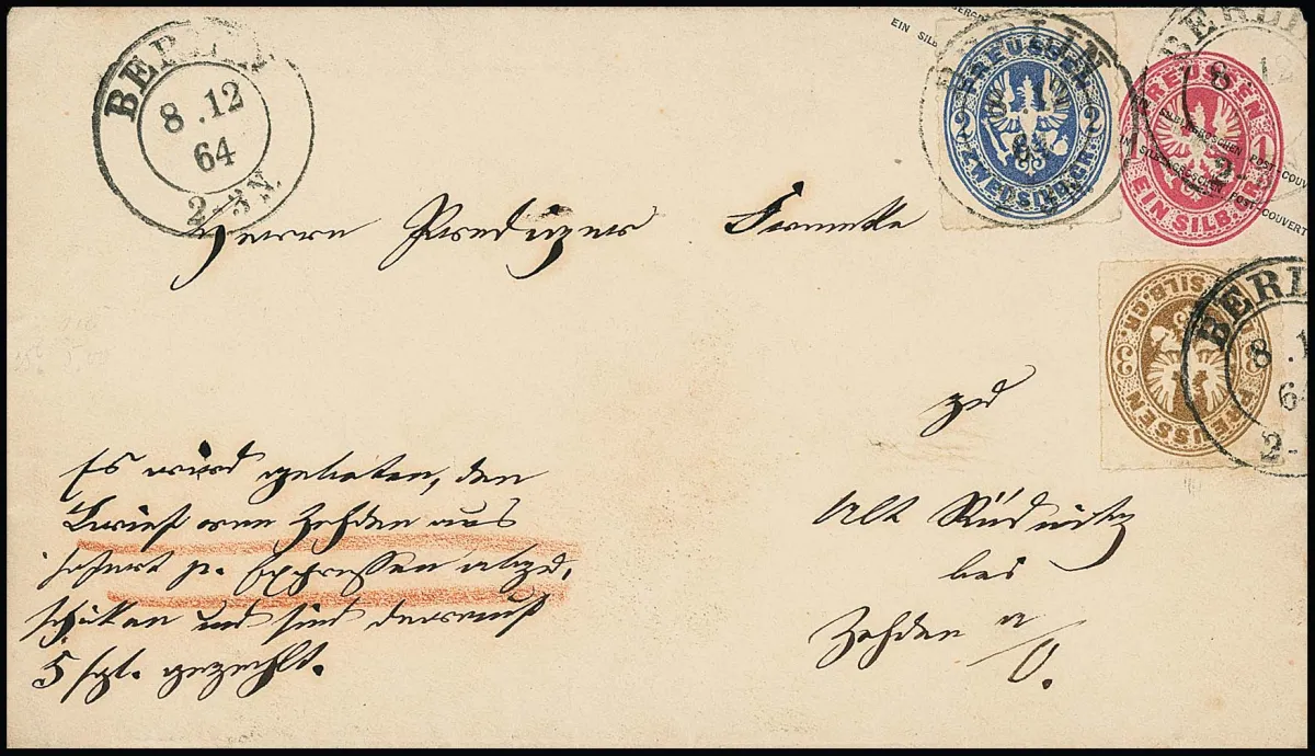 2 Sgr. bleu et 3 Sgr. brun gris, exemplaires parfaits sur entier 1 Sgr. rose, avec K2 "Berlin" 1864 comme lettre exprès rurale pour Alt-Rüdnitz près de Zossen/O. 1 Sgr.…