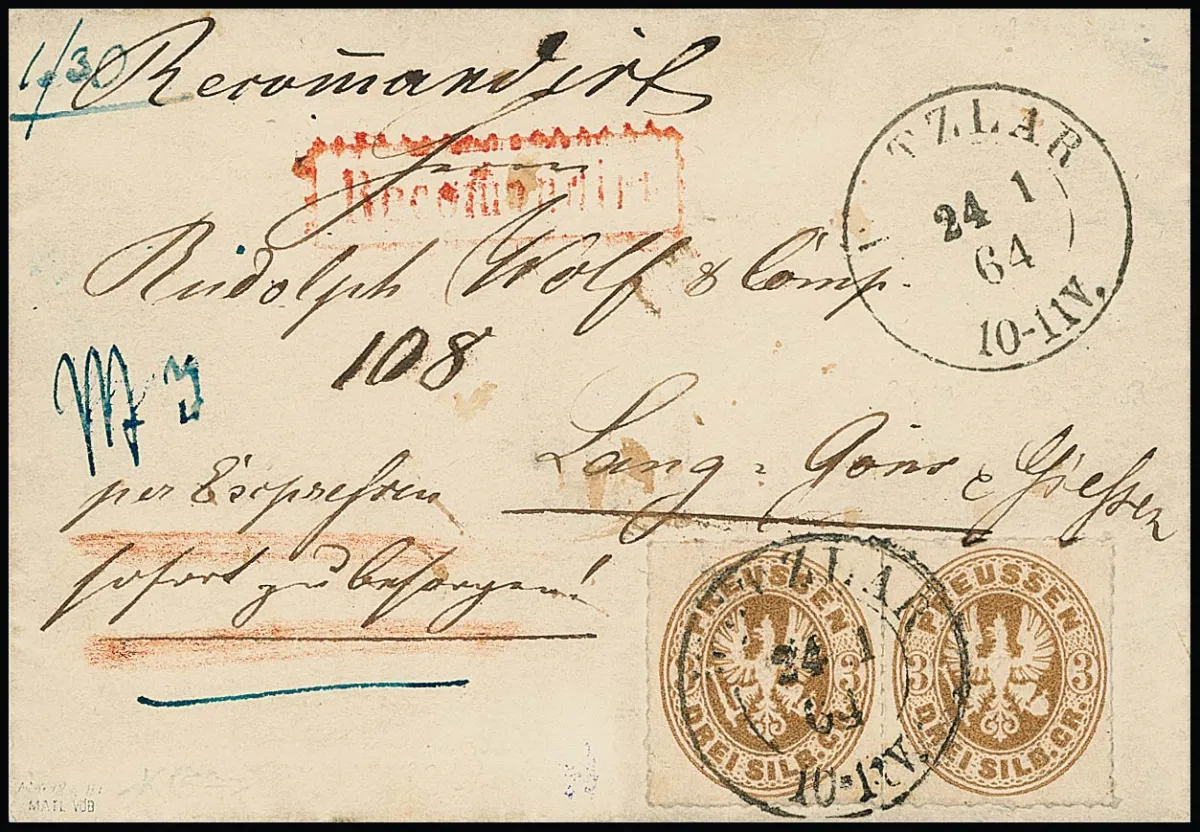 3 Sgr. brun ocre en paire sur lettre recommandée exprès avec K2 "Wetzlar" 1864 pour Lang-Göns près de Giessen dans l'union postale, port 1 Sgr. plus 2 Sgr. recommandé et 3 Sgr.…