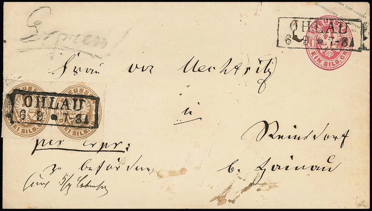 3 Sgr. ockerbraun en paire sur entier 1 Sgr. rose, avec Ra2 "Ohlau" vers Reinsdorf dans le district rural de Haynau. Rare lettre exprès rurale entièrement affranchie avec 2...