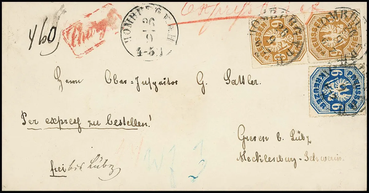 6 Kr. preußischblau and pair 9 Kr. ockerbraun (lower value slightly scissor-separated) on very fresh rural express registered letter to the rural district of Lübz in...