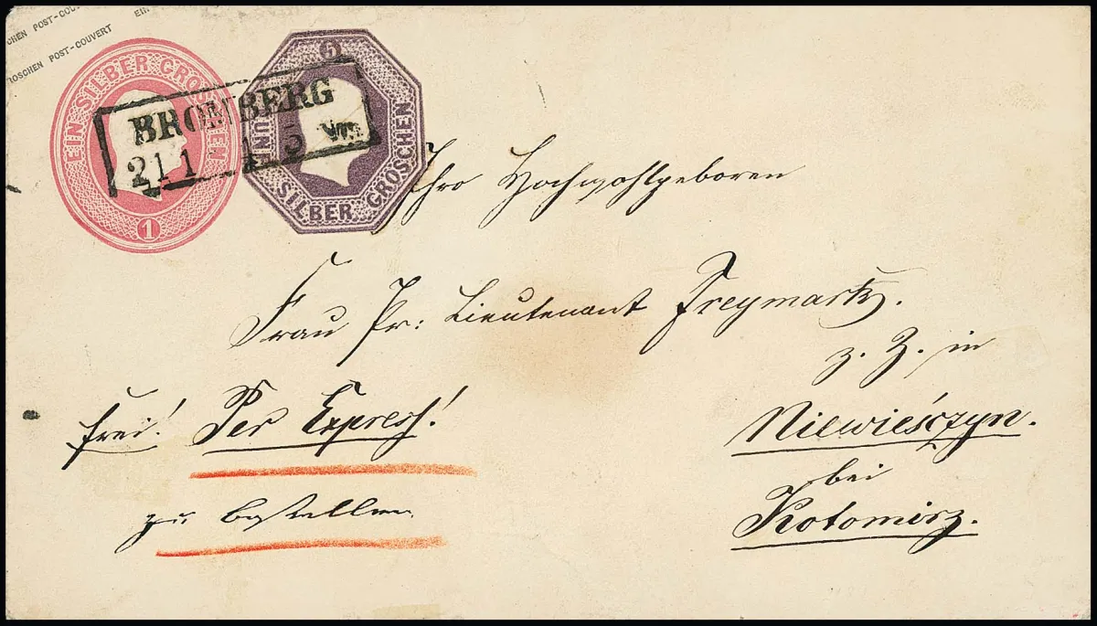 Découpe d'entier octogonal 5 Sgr. pourpre, octogonale, sur entier à en-tête 1 Sgr. rose, avec Ra2 "Bromberg" comme lettre exprès rurale vers Niewiesczyn près de Kotomitz,...