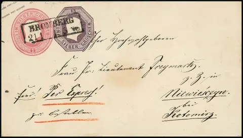 Oktogon-Ganzsachen-Ausschnitt 5 Sgr. purpur, achteckig, auf Kopf-Ganzsache 1 Sgr. rosa, mit Ra2 "Bromberg" als Landexpreßbrief nach Niewiesczyn bei Kotomitz,…