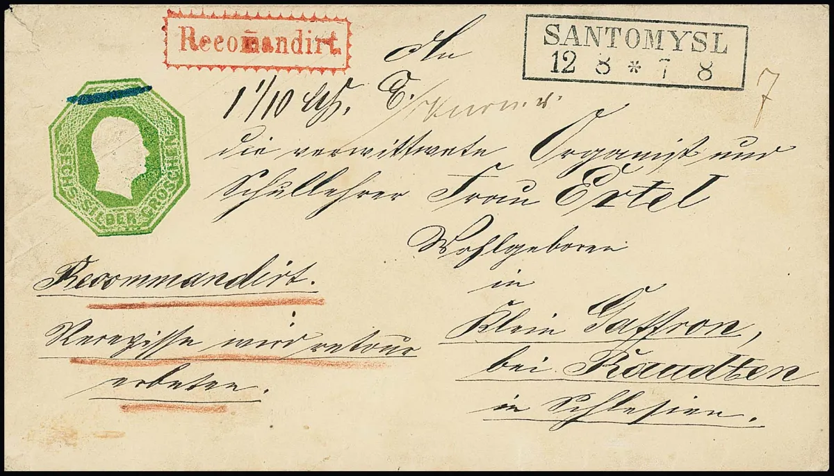 Entier postal octogonal 6 Sgr. vert-jaune comme lettre recommandée exprès rurale avec récépissé de retour de Santomysl (Ra2) à Klein Gaffron près de Raudten
