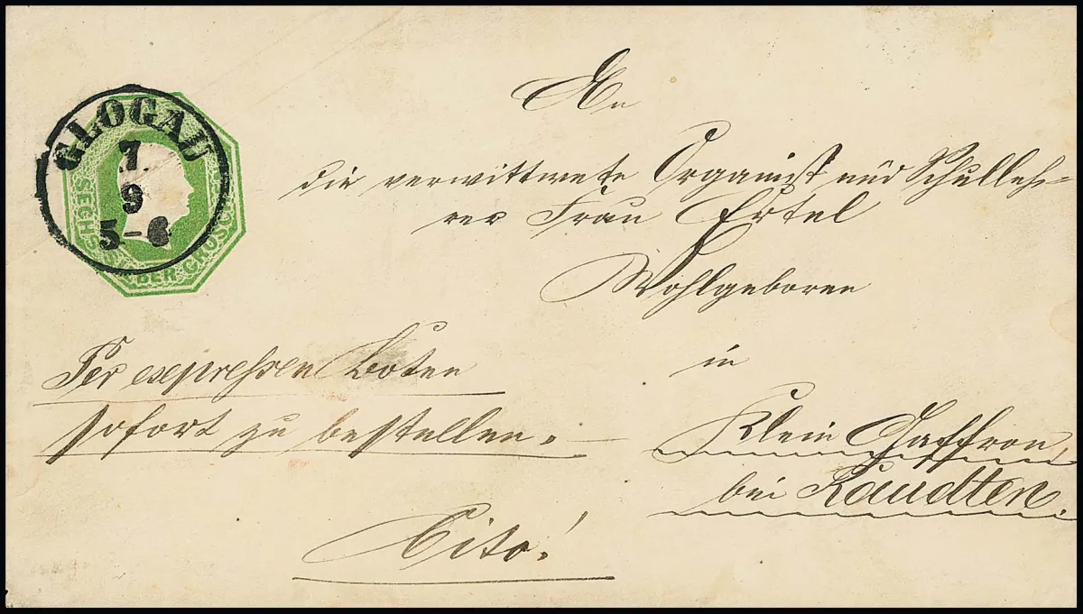 Entier postal octogonal 6 Sgr. vert-jaune en état superbe original comme lettre exprès rurale avec K1 "Glogau" à Klein Gaffron près de Raudten