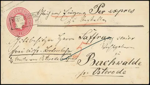 Kopf-Ganzsache 1 Sgr. rosa in üblicher gebrauchsbedingter Erhaltung als Landexpreßbrief mit Ra2 "Neuenburg" nach Buchwalde bei Osterode, vs. hs. "5" Sgr.…