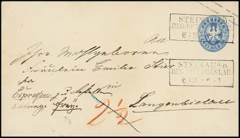 Wappen-Ganzsache 2 Sgr. blau mit Ra3 "Steinau a.O. Reg. Bez. Breslau" als Expreßbrief nach Langenbielau, "2 1/2" Sgr. Expreßgebühr bar bezahlt