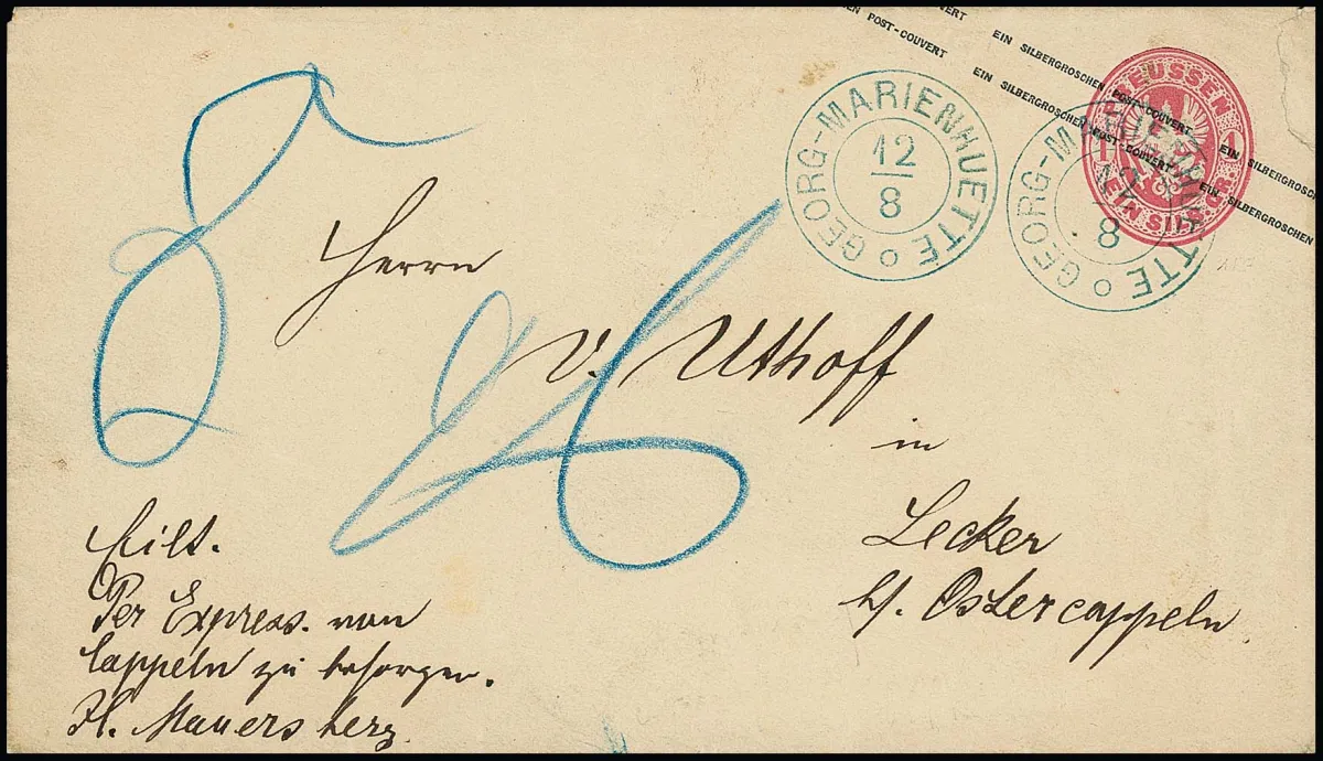 Entier postal aux armoiries 1 Sgr. rose (à droite au verso traces d'ouverture importantes) avec très rare K2 bleu de Hanovre "Georg-Marienhütte" (ouvert seulement 9/66) comme lettre exprès rurale vers Lecker près Ostercappeln, "8" Sgr. de taxe de commande rurale perçue par le destinataire. Pièce unique de la 35e vente Kruschel 1992 (adjugée 6500 DM), signée Kruschel