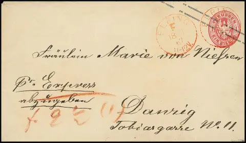 Wappen-Ganzsache 1 Sgr. rosa, Kabinettcouvert mit zweifachem rotem Franko-K1 "Elbing F." als Expreßbrief nach Danzig, Porto durch Ganzsache, "2 1/2" Sgr.…