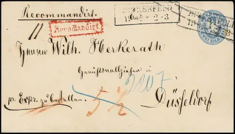 Wappen-Ganzsache 2 Sgr. blau als Reco-Expreßcouvert mit Ra2 "Birkenfeld" nach Düsseldorf, restliches Porto von 5 1/2 Sgr. bar bezahlt