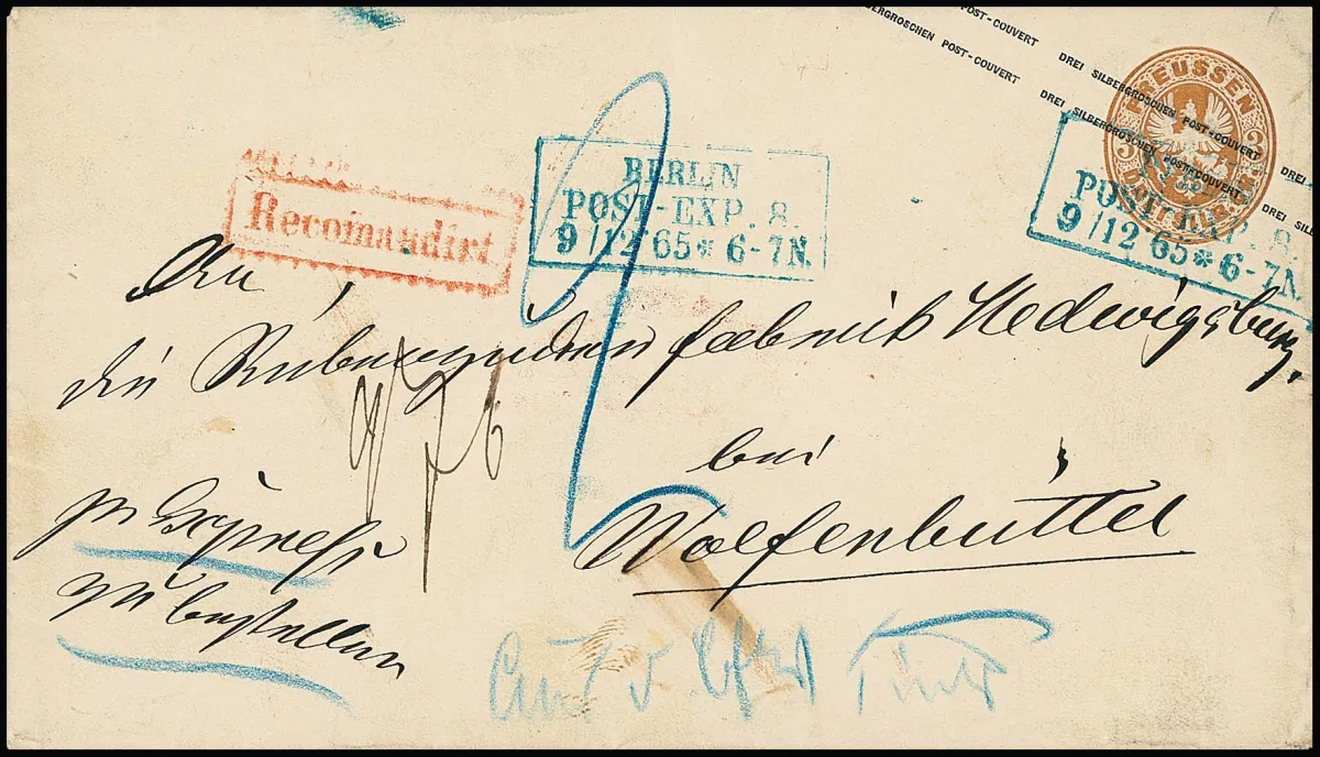 Wappen-Ganzsache 3 Sgr. ockerbraun, Prachtcouvert als Reco-Landexpreßbrief mit blauem Ra3 "Berlin Post-Exp. 8" 1865 an die Rübenzuckerfabrik in Hedwigsburg im…