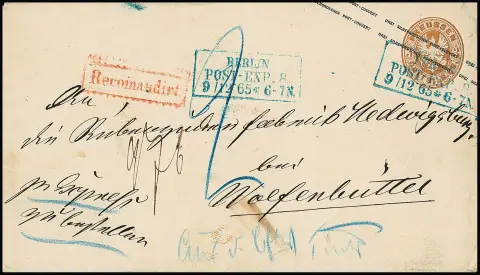 Wappen-Ganzsache 3 Sgr. ockerbraun, Prachtcouvert als Reco-Landexpreßbrief mit blauem Ra3 "Berlin Post-Exp. 8" 1865 an die Rübenzuckerfabrik in Hedwigsburg im…