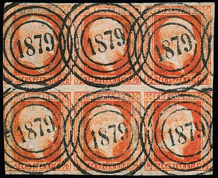 1/2 Sgr. ziegelrot, waagerechter Sechserblock, jede Marke klar mit besserem NS "1879" (Königshuld) entwertet. Die linke untere Marke links unten berührt, zwei…