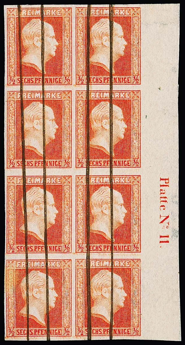 1/2 Sgr. rotorange, breitrandiger senkrechter Achterblock mit 10 bis 11mm breitem rechtem Bogenrand, dort Inschrift "Platte No. 11" und Teile des…