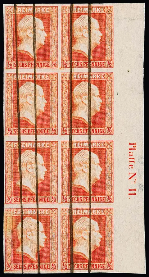 1/2 Sgr. rotorange, breitrandiger senkrechter Achterblock mit 10 bis 11mm breitem rechtem Bogenrand, dort Inschrift "Platte No. 11" und Teile des…