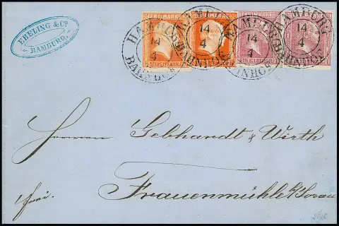 1/2 Sgr. ziegelrot in farb- und wertgleicher Mischfrankatur mit 1/2 Sgr. dunkelziegelrot, ohne Wasserzeichen, sowie Paar 1 Sgr. rosa, auf Brief mit K2…