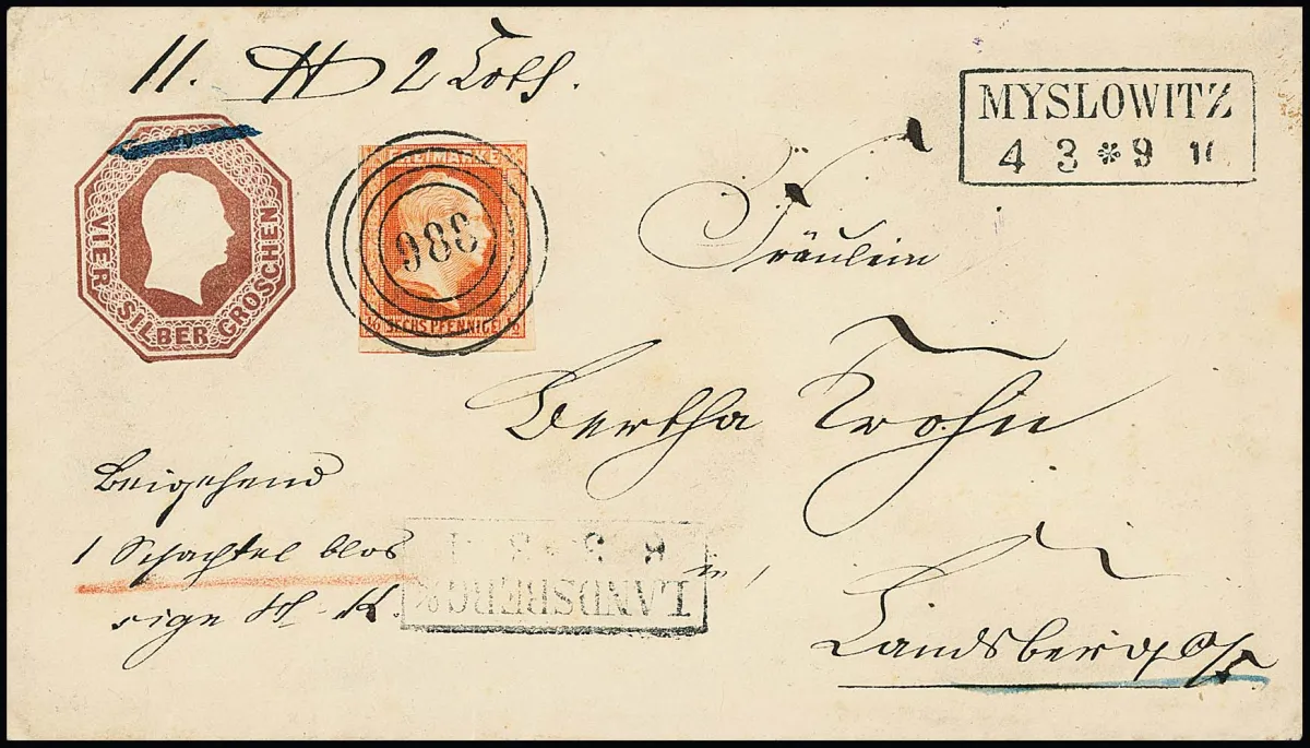 1/2 Sgr. brick red, slightly touched example on octagonal postal stationery 4 Sgr. red-brown (Schilling no. "2", upper flap on reverse not quite complete), with clear NS "988" and Ra2 "Myslowitz" as registered letter to Landsberg, sign. Banker