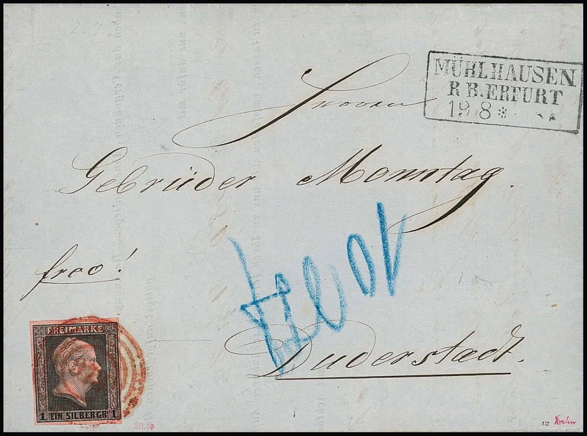 1 Sgr. noir/rose sur lettre de cabinet avec NS rouge "973" et Ra3 noir adjacent "Mühlhausen R.B. Erfurt" vers Duderstadt. Timbre détaché et replacé pour contrôle de qualité