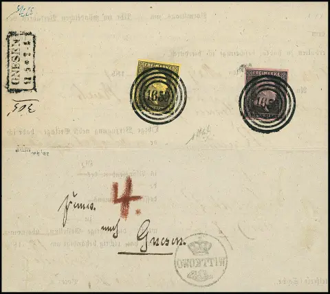 1 Sgr. noir/rose et 3 Sgr. noir/jaune, pièces de luxe avec NS clairs "1659" sur document postal d'assurance de Wittkowo (K2 et au verso cachet couronne-cor de poste)