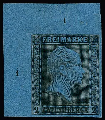 2 Sgr. black/blue, unused upper left cabinet sheet corner with row numbers "1", ex Metzer, Amundsen, sign. Metzer, Kruschel and certificate Jäschke-L.