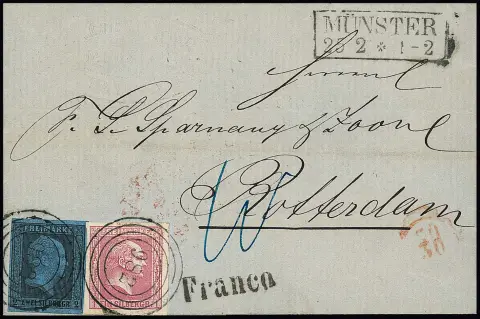 2 Sgr. noir/bleu en affranchissement mixte avec l'édition suivante 1 Sgr. rose, fond quadrillé, pièces de choix sur lettre affranchie avec NS "982" et Ra2 "Münster", 25.2.1859,…
