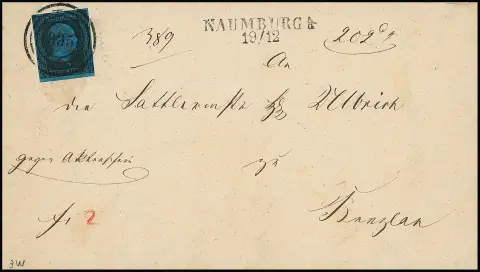 2 Sgr. noir/bleu sur lettre de choix avec NS "995" et L2 "Naumburg", 19.12.1850, pour Bunzlau. La lettre se distingue par deux particularités qui la rendent unique…