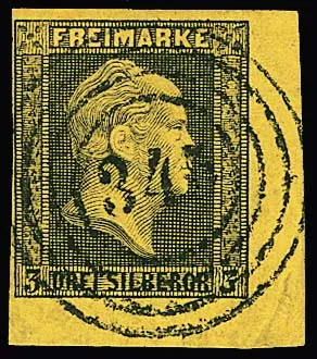 3 Sgr. black/yellow, lower right choice sheet corner with NS "345" (Driesen), only small corner crease in margin, well signed Kastaun