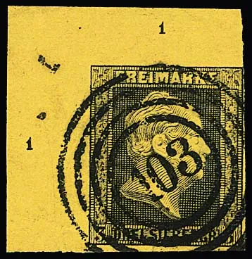3 Sgr. black/yellow, rare upper left sheet corner with NS "103", row number "1". Certificate Jäschke-L. "in flawless condition", also signed Pfenninger, Banker